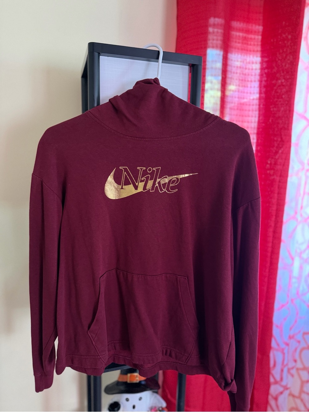 Nike Women's Maroon Cowl Neck Sweatshirt with Gold Logo -M